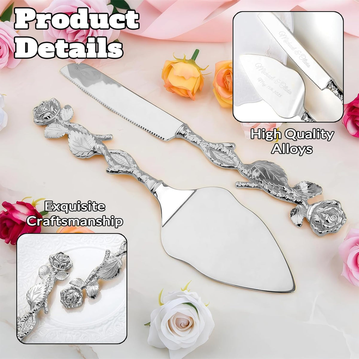 Personalized Wedding Cake Knife and Server Set, Custom Name/Date Cake Cutting Set for Wedding