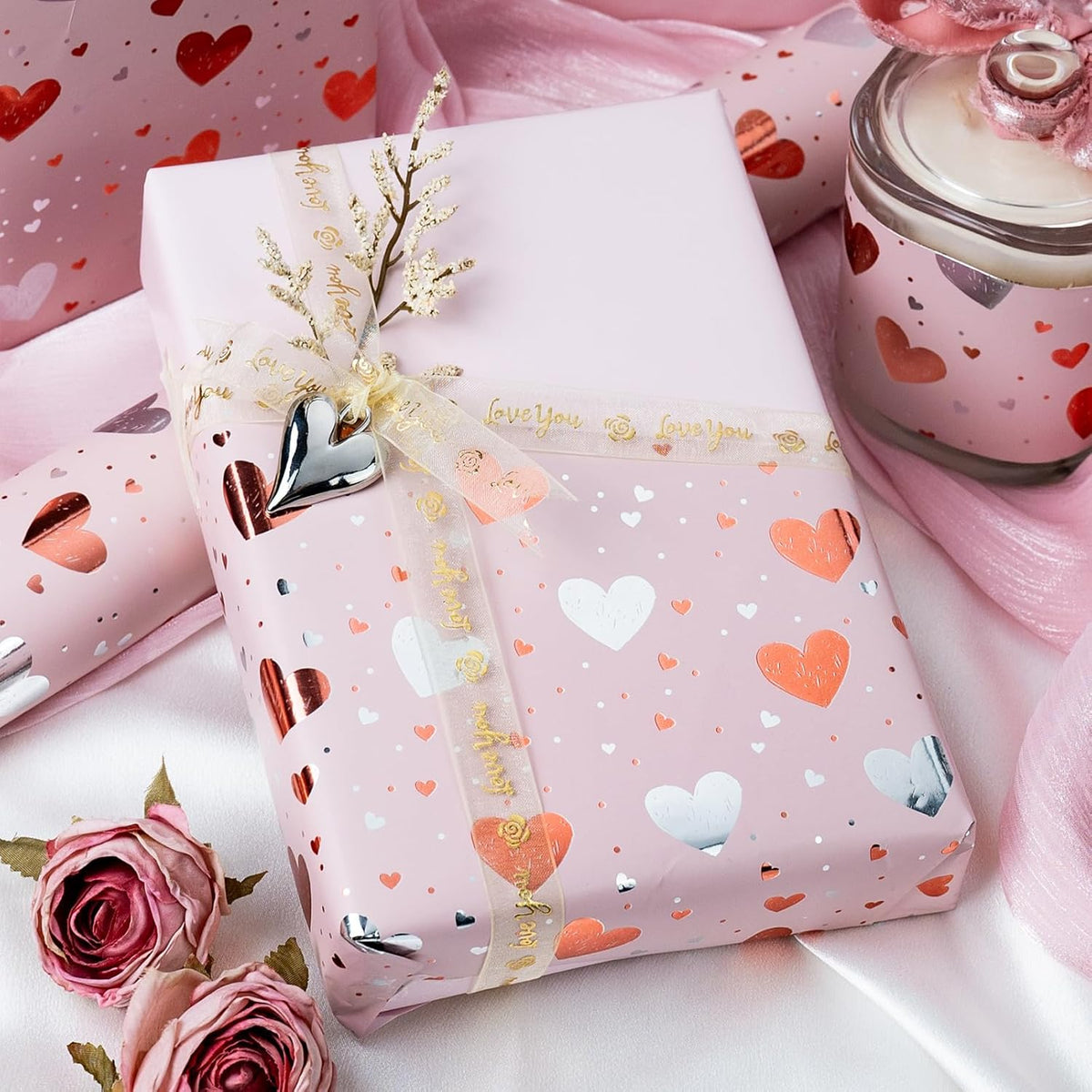 Burymento Gold Foil Heart Wrapping Paper, Reversible Pink Gift Wrap for Birthday, Valentines