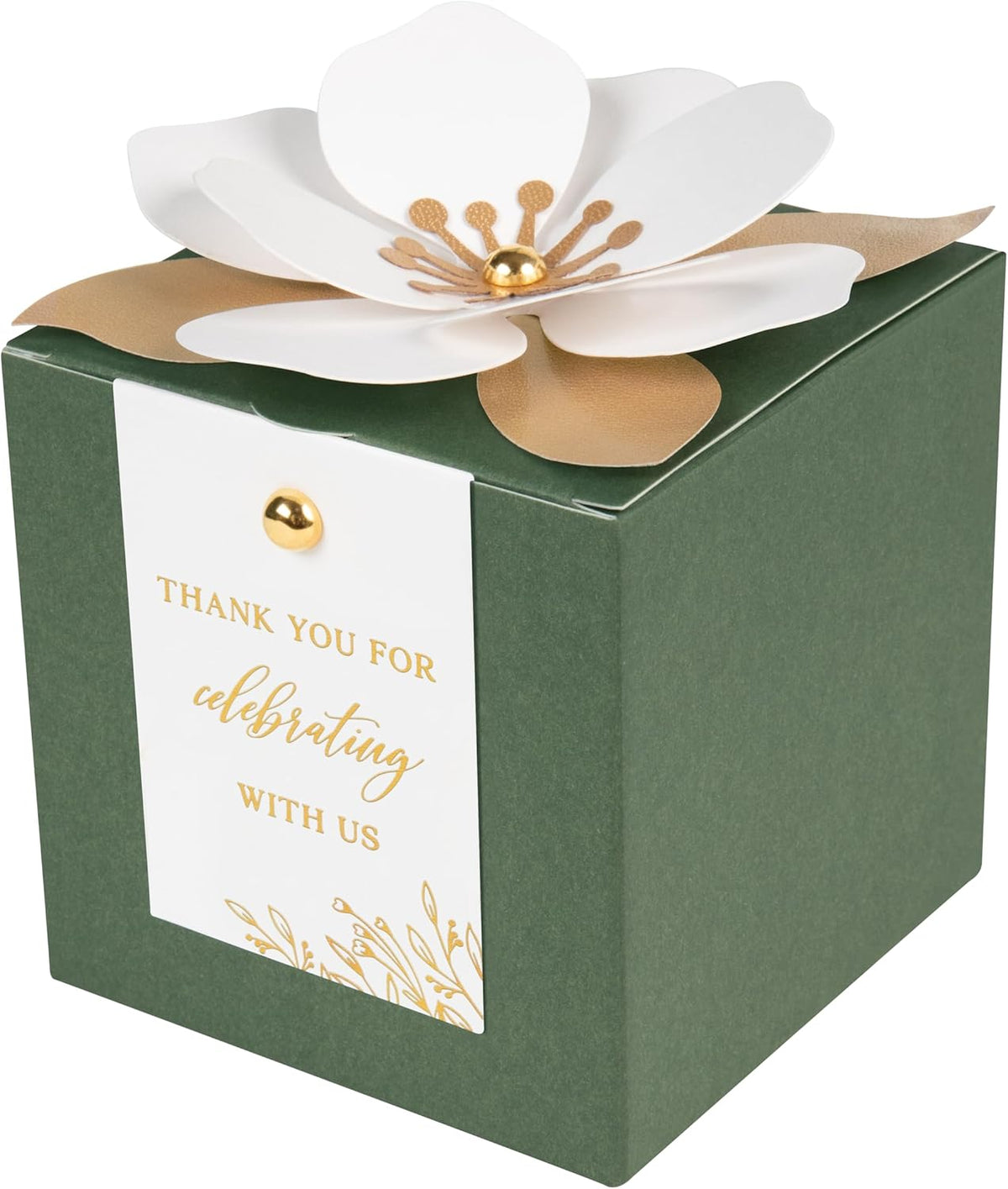 FEIYI 20 PCS Gift Boxes, 3 In 1 Olive Green Favor Boxes with Floral Decor, White Thank You Tags