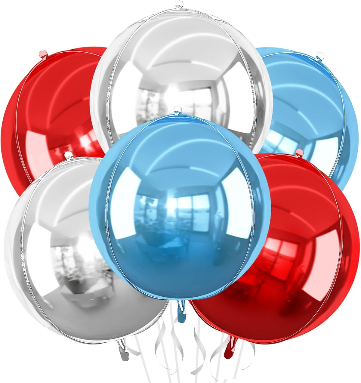 6Pcs Red Blue Silver Round Foil Balloons, 22inch 4D Metallic Balloons, Large Round Foil Ball