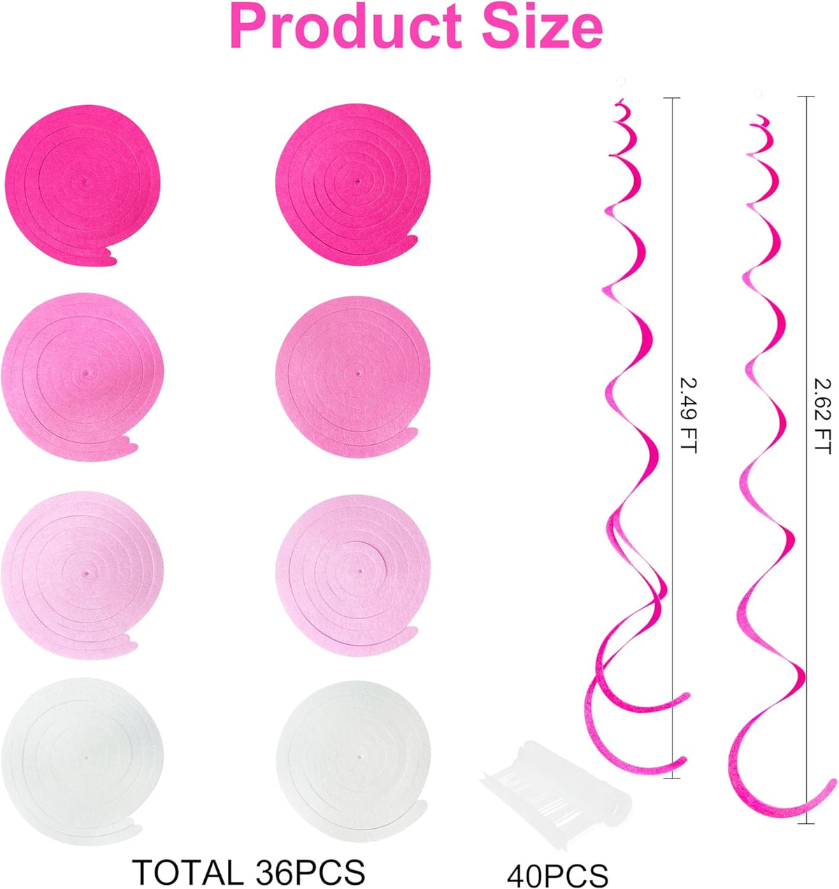 36 Pcs Hot Pink Hanging Swirl Decorations Ombre Pink White Felt Swirl Streamer Spiral Ceiling