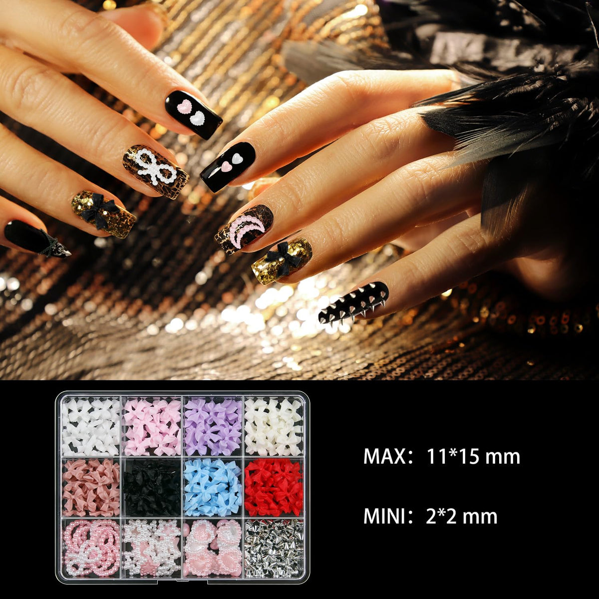 Artdone Nail Art Studs Kit, 12 grids 8 Colors 3D Charms and Pink Mix White Star Heart Moon Cute