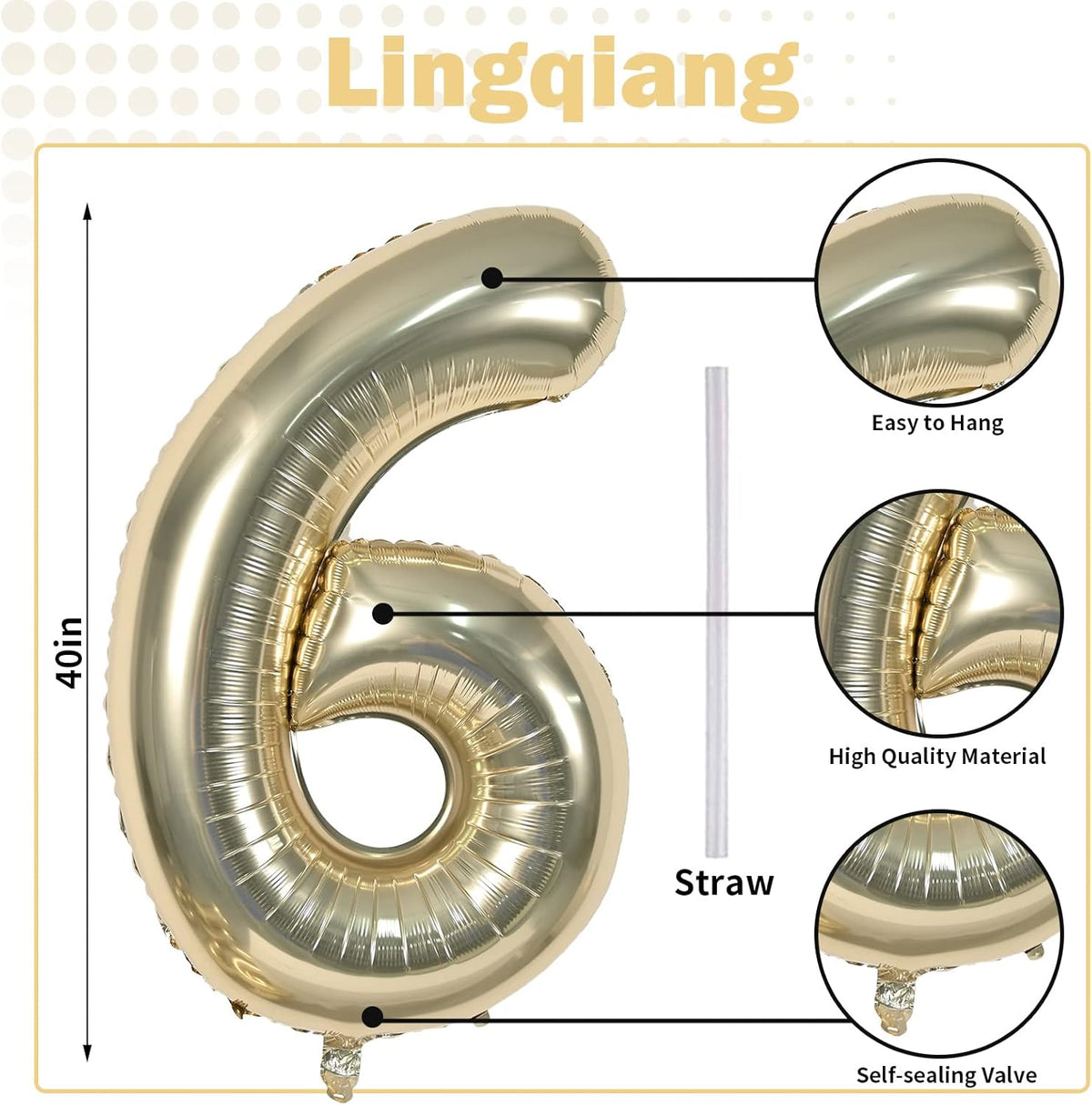 Champagne Gold Number 6 Balloon, 40In Large Foil Number Balloons Set 0-9 for Women, Self Inflating
