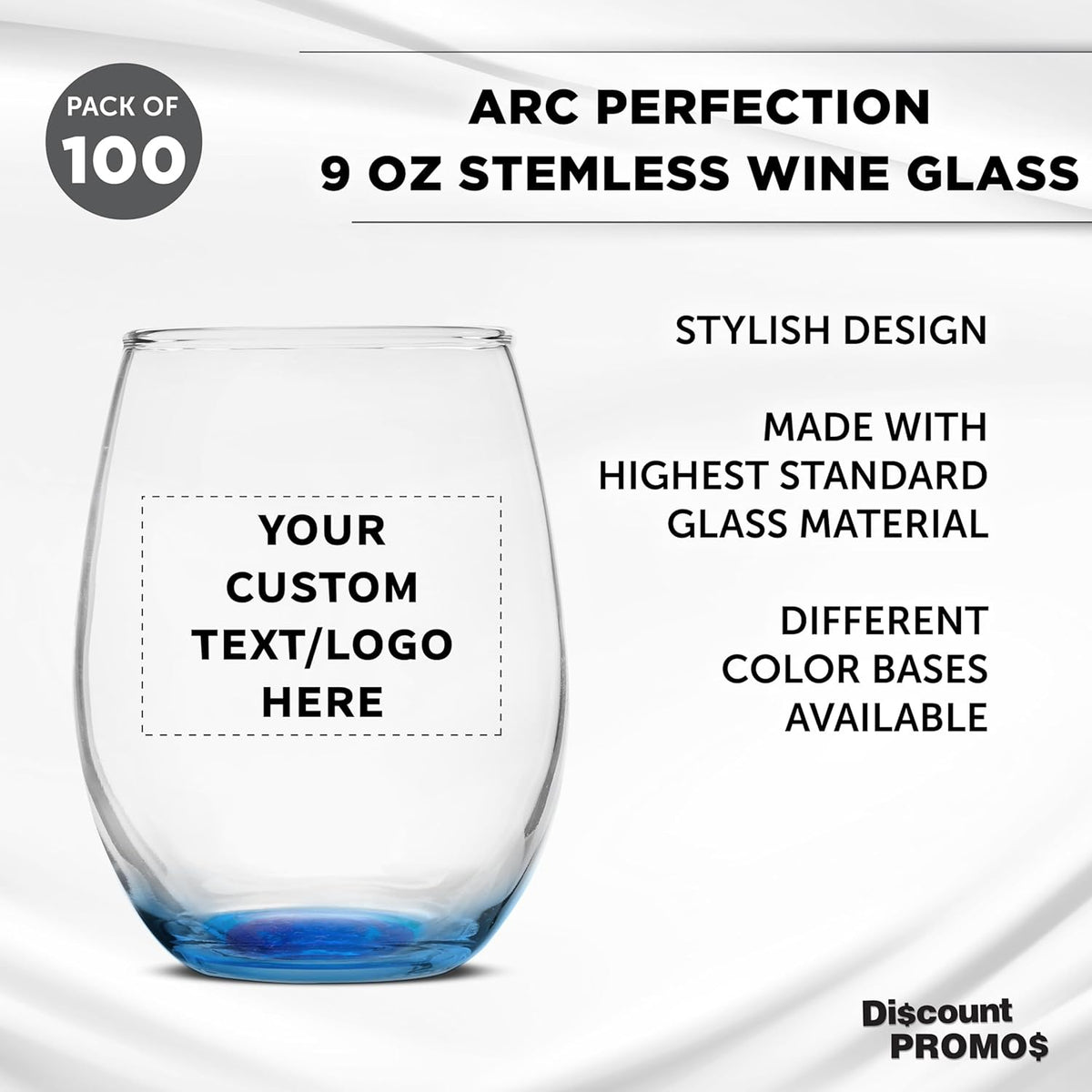 Custom Stemless Wine Glass 9 oz. Set of 100, Personalized Bulk Pack - Great for Wedding Favors