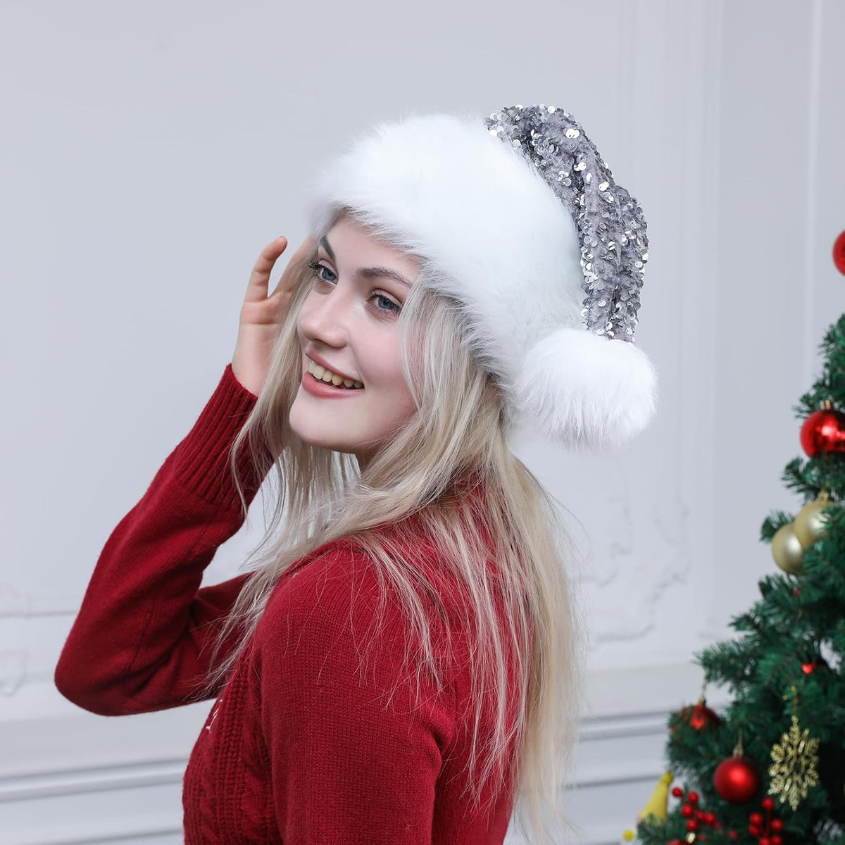 Personalized Sequin Santa Hat for Adults, Red Glitter Christmas Party Hat, Xmas Halloween New Year