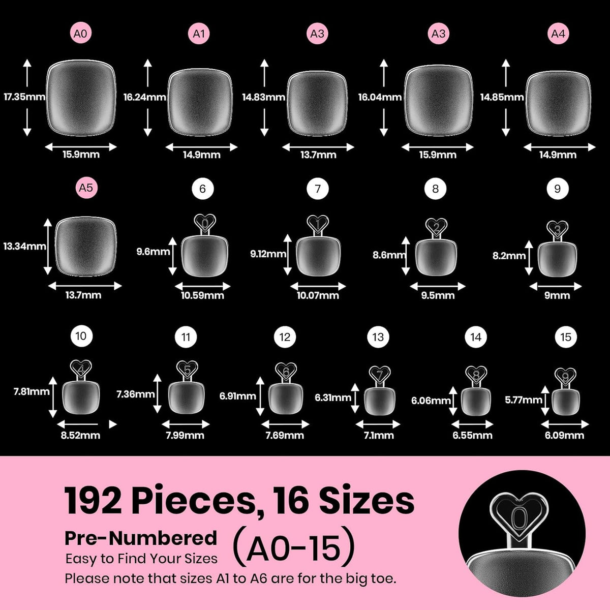 Beetles Toe Nail Tips Square - 16 Sizes 192 Pcs Full Cover Nail Tips Fake Acrylic Toe Nail