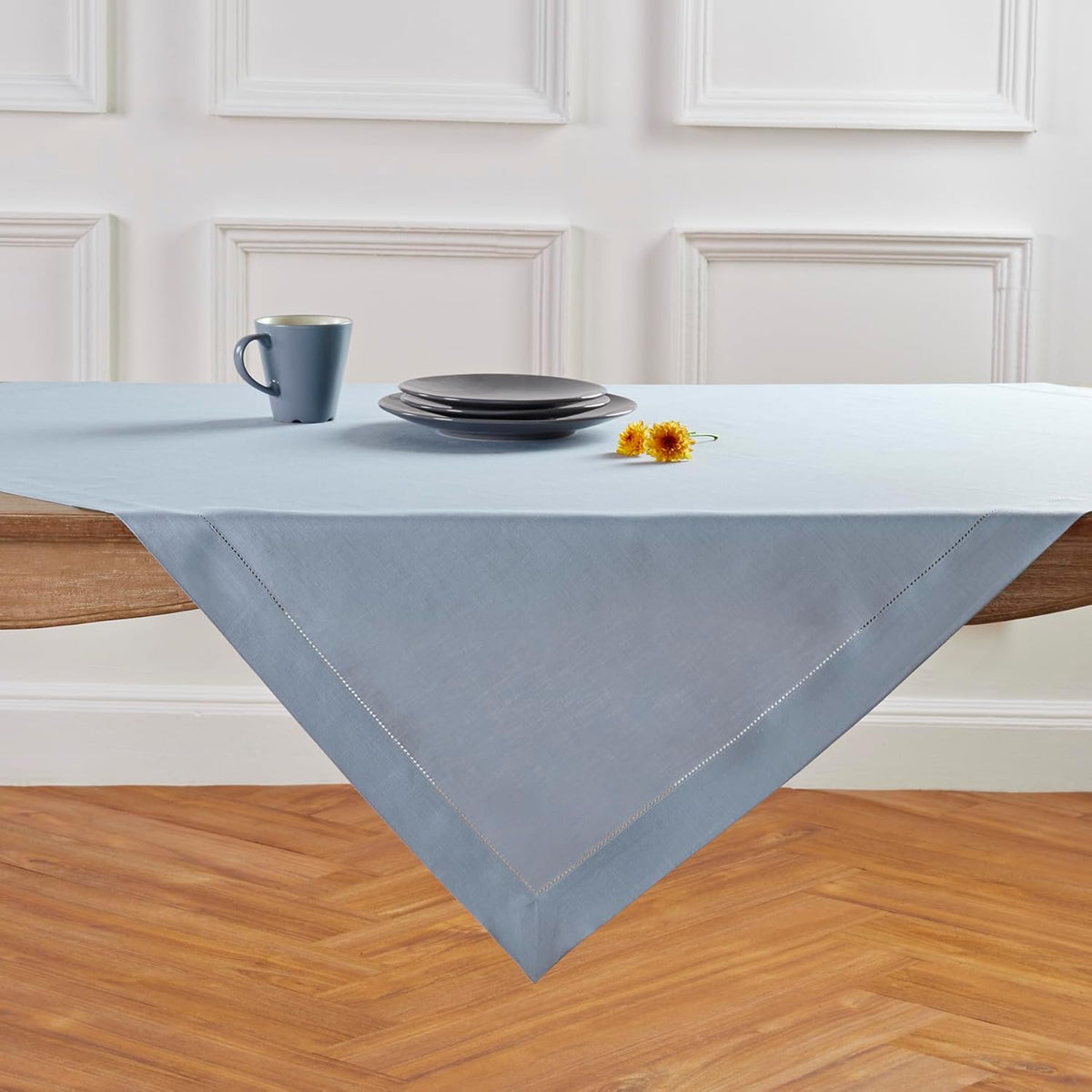 Solino Home Linen Tablecloth 52 x 52 Inch - 100% Pure Linen Dusty Blue Square Tablecloth - Classic
