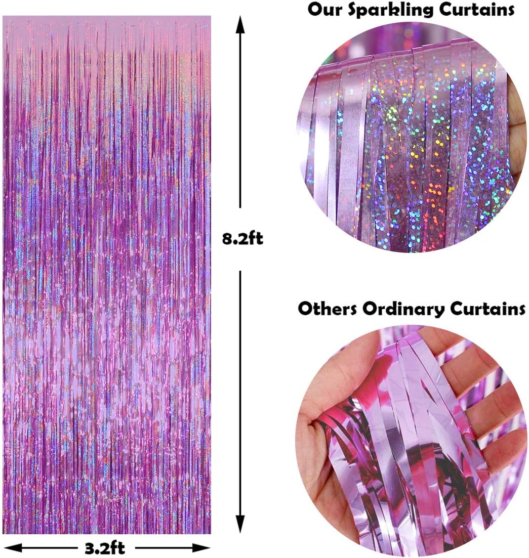 Melsan 3 Pack 3.2 x 8.2 ft Sparkling Pinkish Purple Tinsel Fringe Curtain Backdrop Glitter Decor