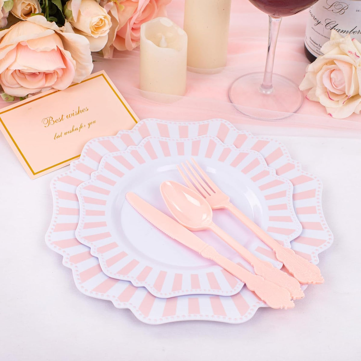 COLOSUS 150pcs Disposable Pink and White Stripped Plastic Plates and Silverware set, Light Pink