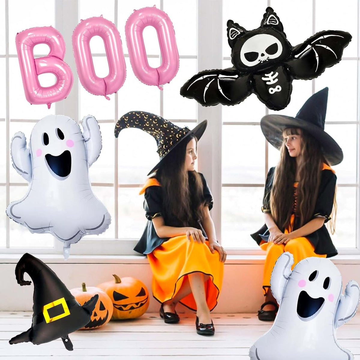Halloween Balloons Decorations, Pink Boo Letter, Ghost, Bat, Wizard's Hat Foil Balloon for