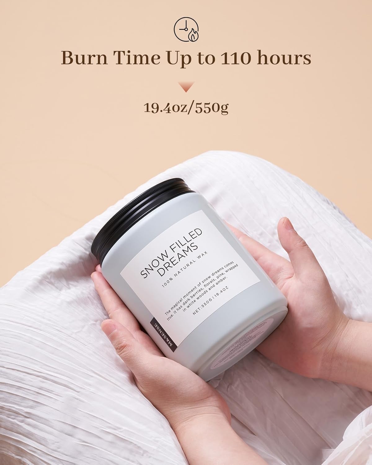 M&SENSE Snow Filled Dreams - Jasmine & Pine Large Scented Candles, 19.4oz 110 Hour Clean Non Toxic