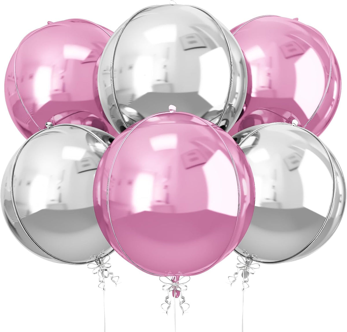 6Pcs Pink Silver Round Foil Balloons, 22inch 4D Metallic Silver Pink Balloons, Large Round Foil