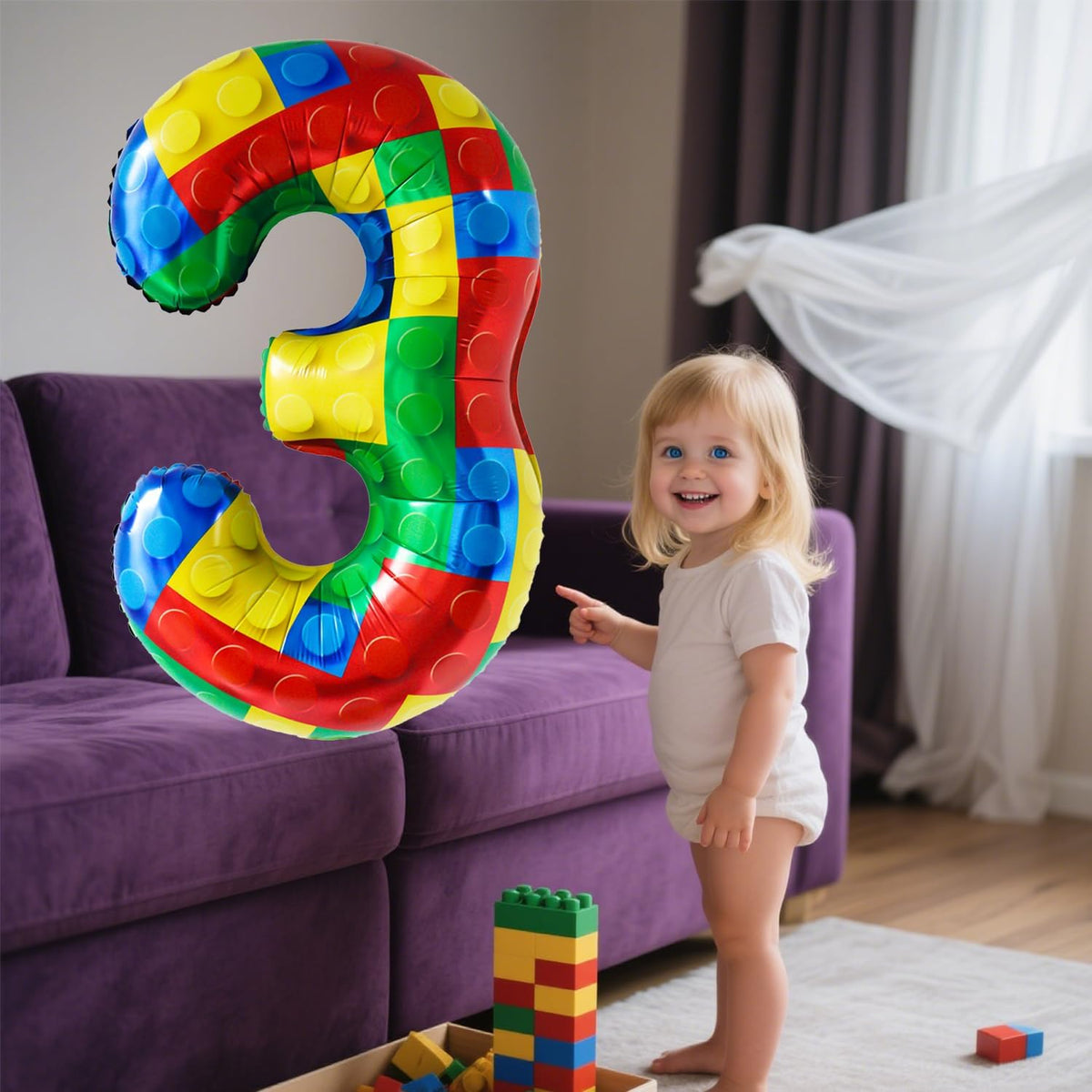 32 Inch Stackable Block Number 3 Balloon – Colorful Brick Building Themed Big Helium Digits for