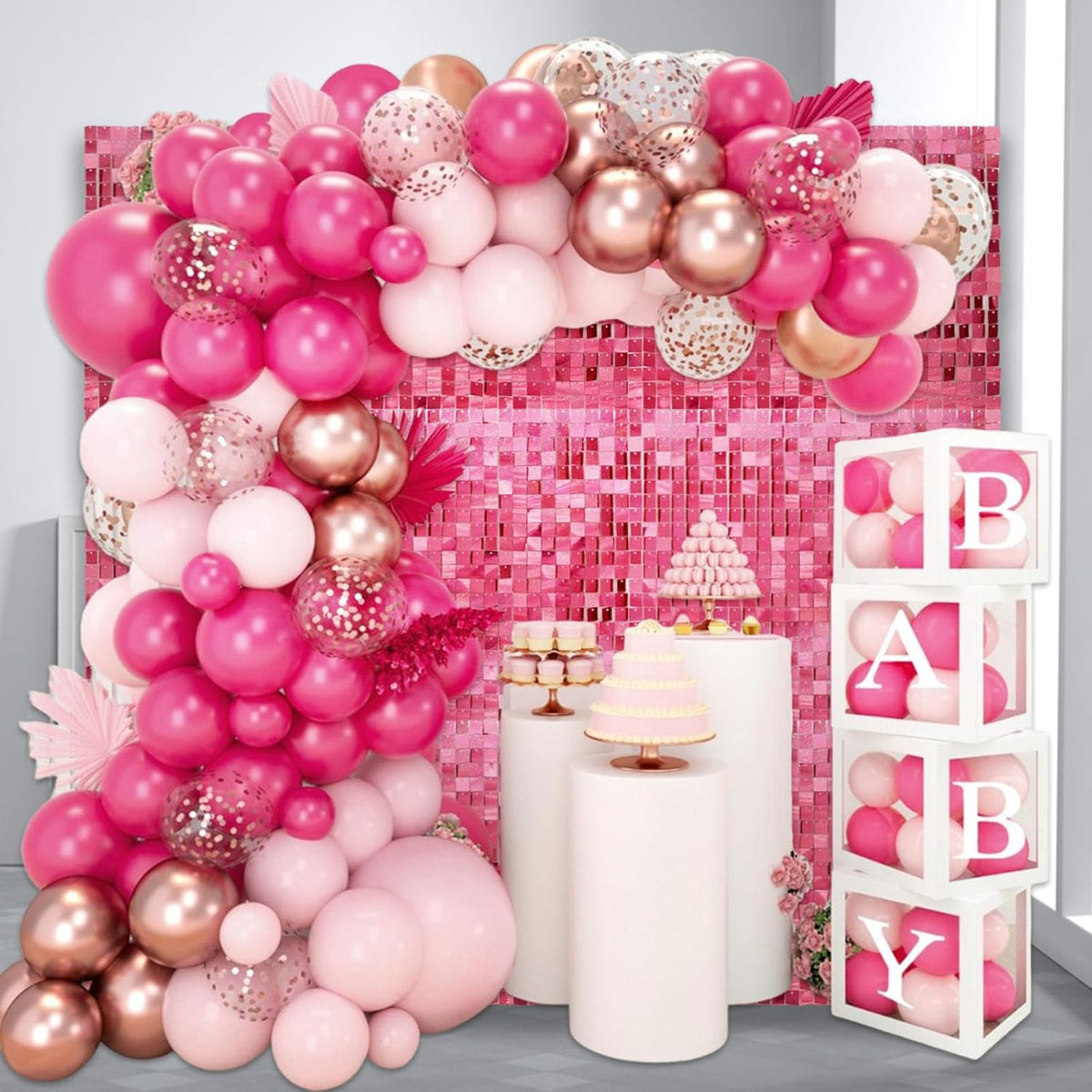 24PCS Deep Pink Shimmer Wall Backdrop, Laser Square Sequin Photo Backdrops Panel, Glitter Wall