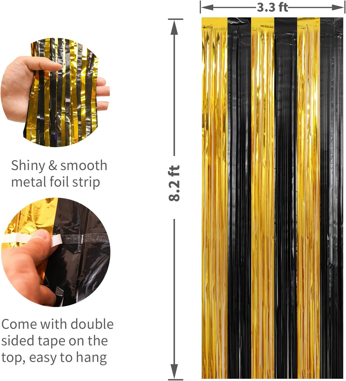 2 Pack Gold and Black Foil Fringe Curtains Streamers 3.3 x 8.2 ft, Tinsel Backdrop for Parties