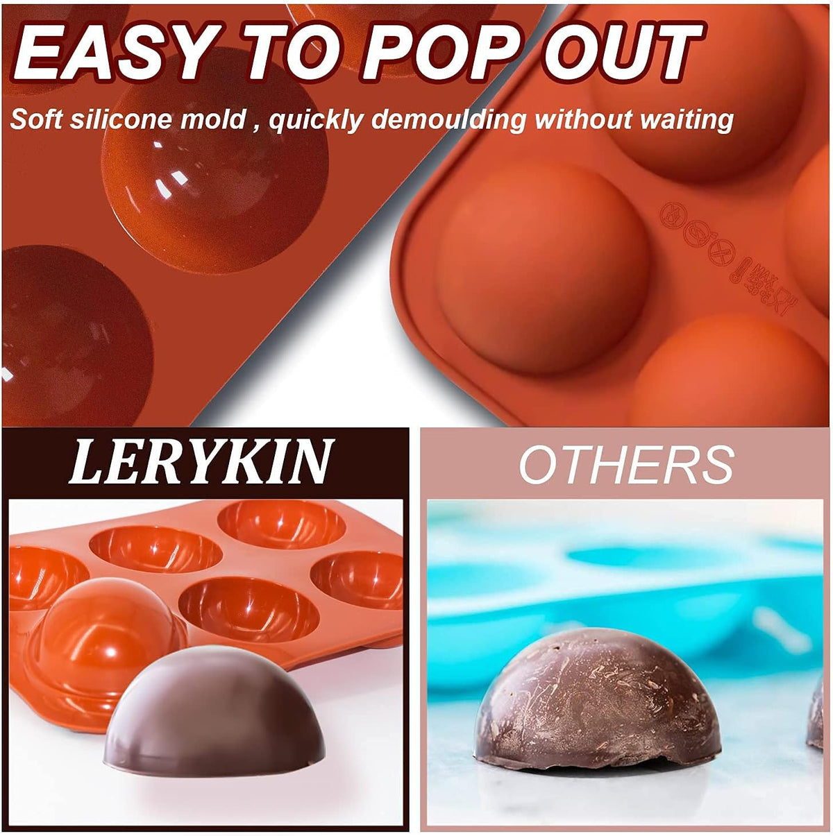 6 Holes Medium Semi Sphere Silicone Molds, 2 Packs Half Sphere Silicone Baking Molds for Making