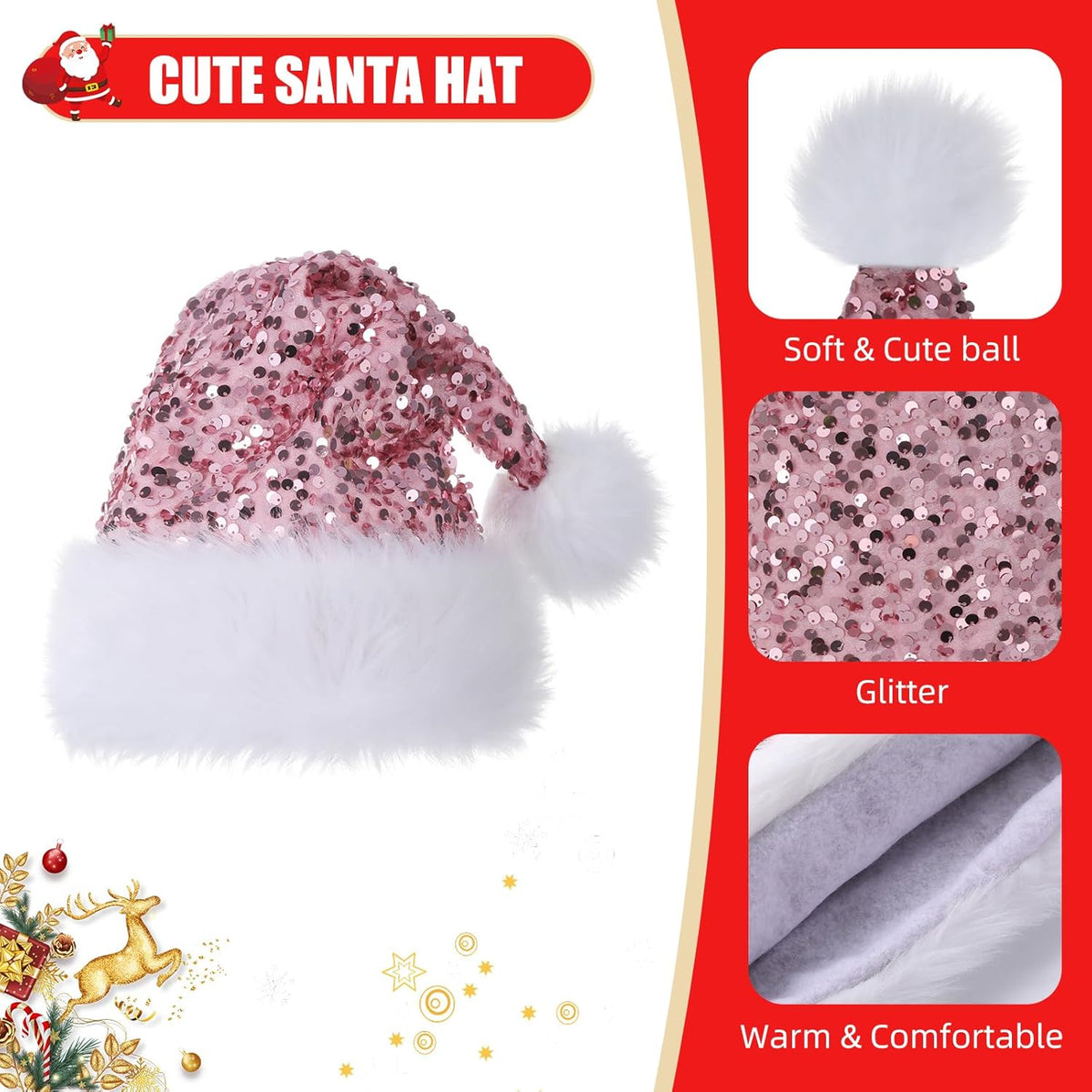 Personalized Sequin Santa Hat for Adults, Red Glitter Christmas Party Hat, Xmas Halloween New Year