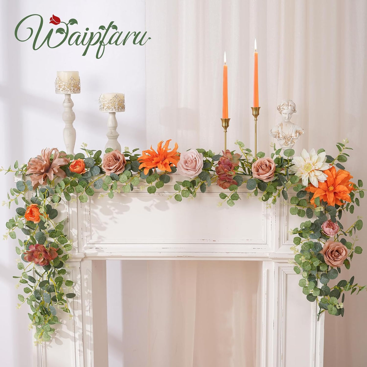 Waipfaru 2Pcs Fall Garland Decor, 6.07Ft Eucalyptus Flower for Table, Fall Floral With Terracotta