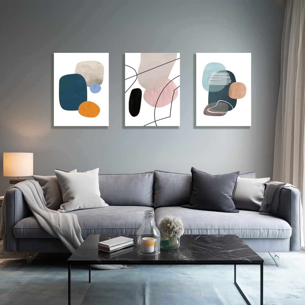 IAFWZX Framed Abstract Geometric Wall Art, Orange Blue Beige Color Block Wall Decor, Modern