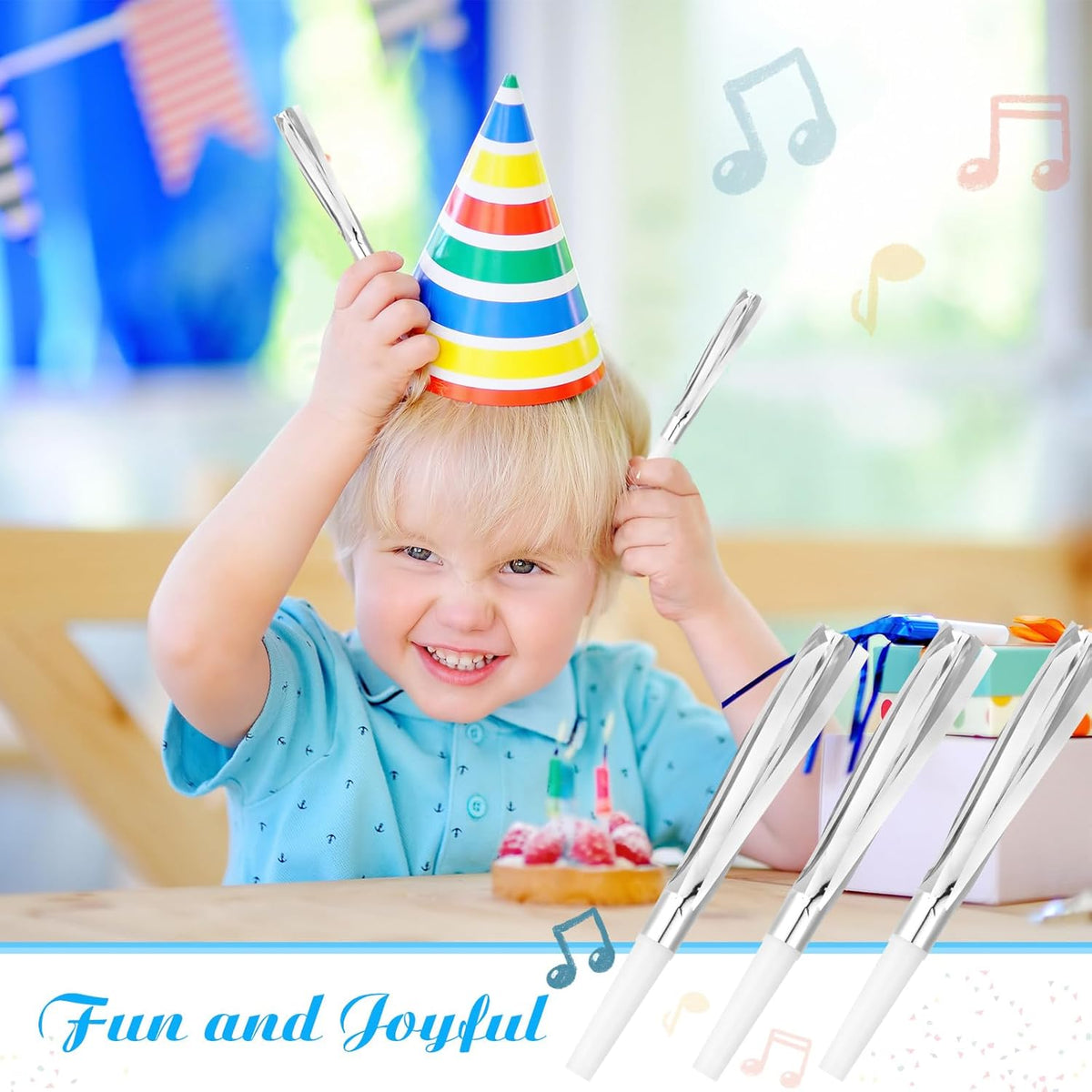24 Pcs Silver Noise Makers Glitter Metallic Fringed Noise Makers Horns for Baby Shower, Kids