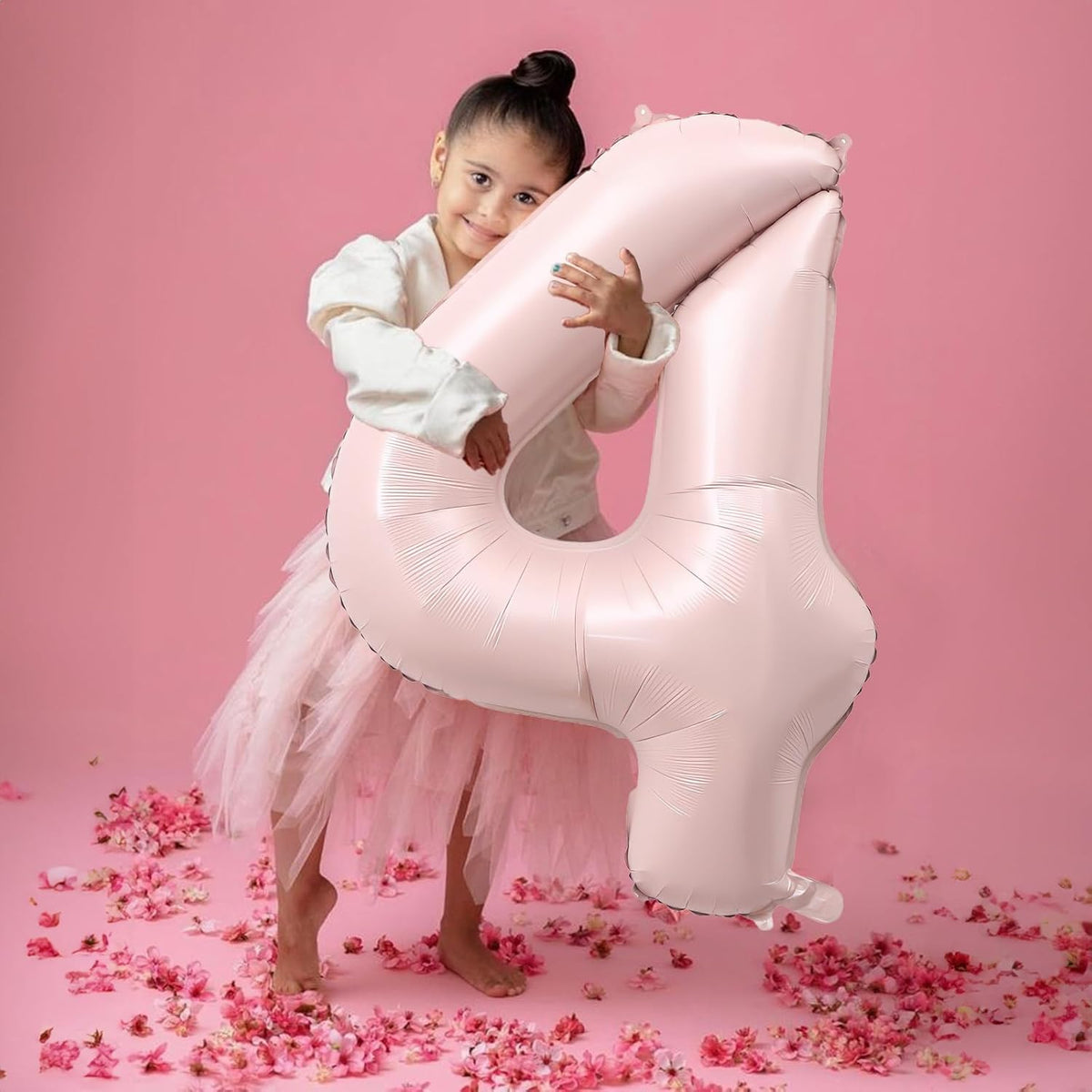 40 Inch Pastel Pink Number Balloon 4, Large Self Inflating Retro Dusty Pink Foil 4 Number Balloons