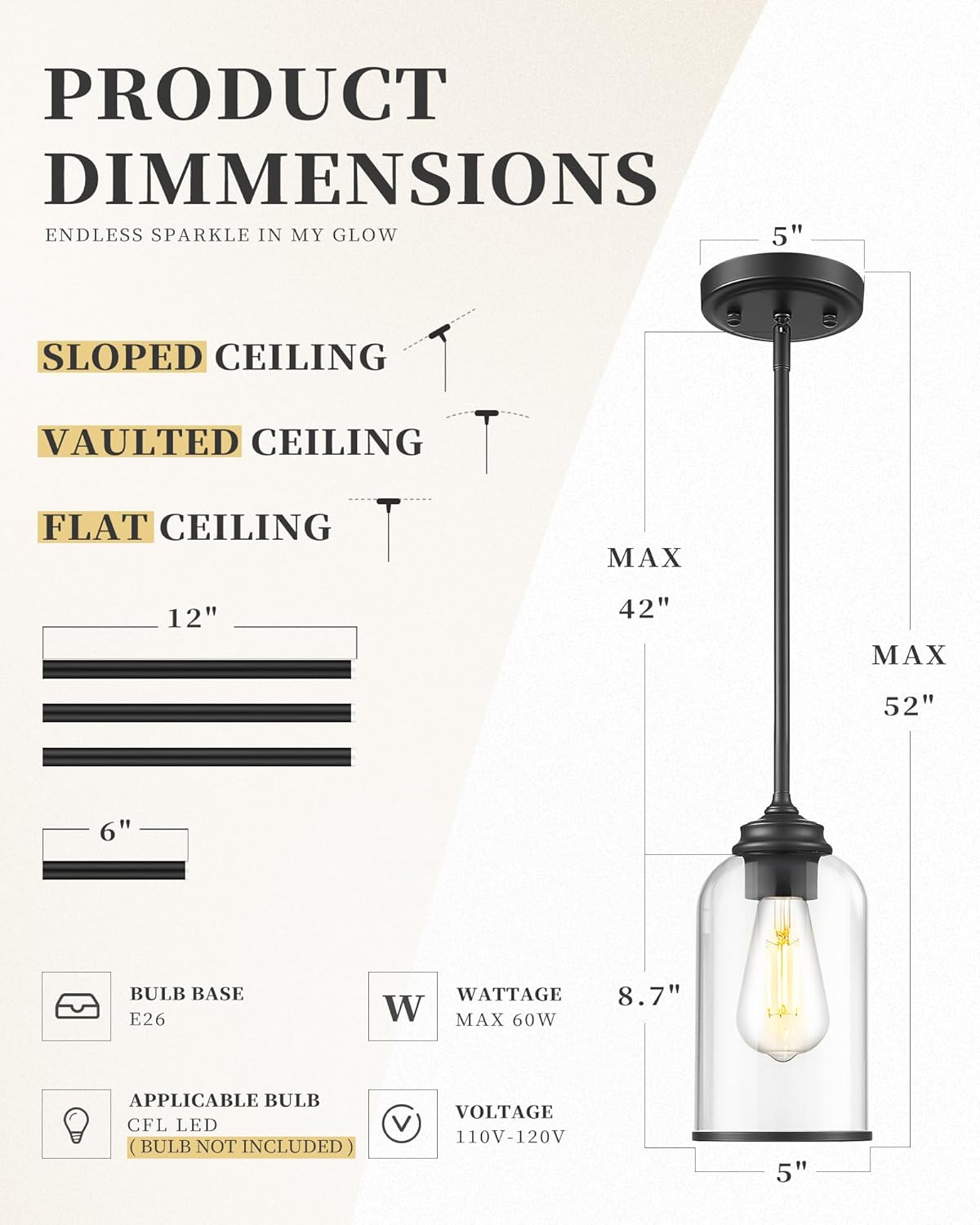 LIROUVET 2 Pack Pendant Lights Kitchen Island, Modern Pendant Lights, Black Hanging Lamp with Clear