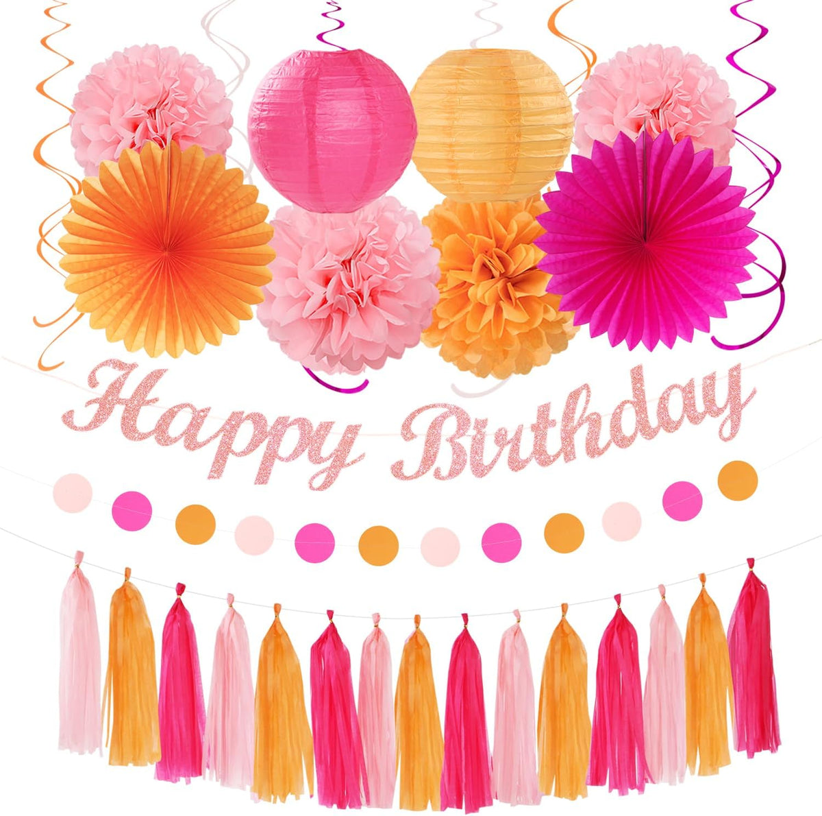 Hot-Pink Orange 21st Happy-Birthday Party-Decorations - 31pcs Sweet 16 18th Women Girls Paper