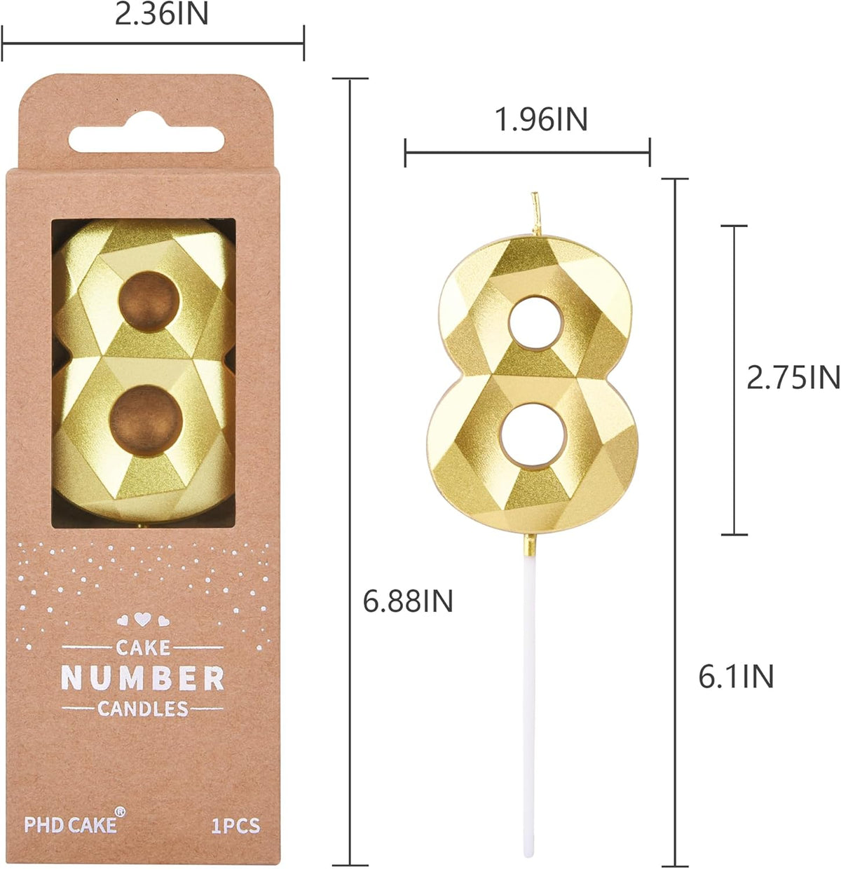 PHD CAKE 2.76 Inch Crystal Gold 8 Number Birthday Candles, Gold Number Candles, Cake Number