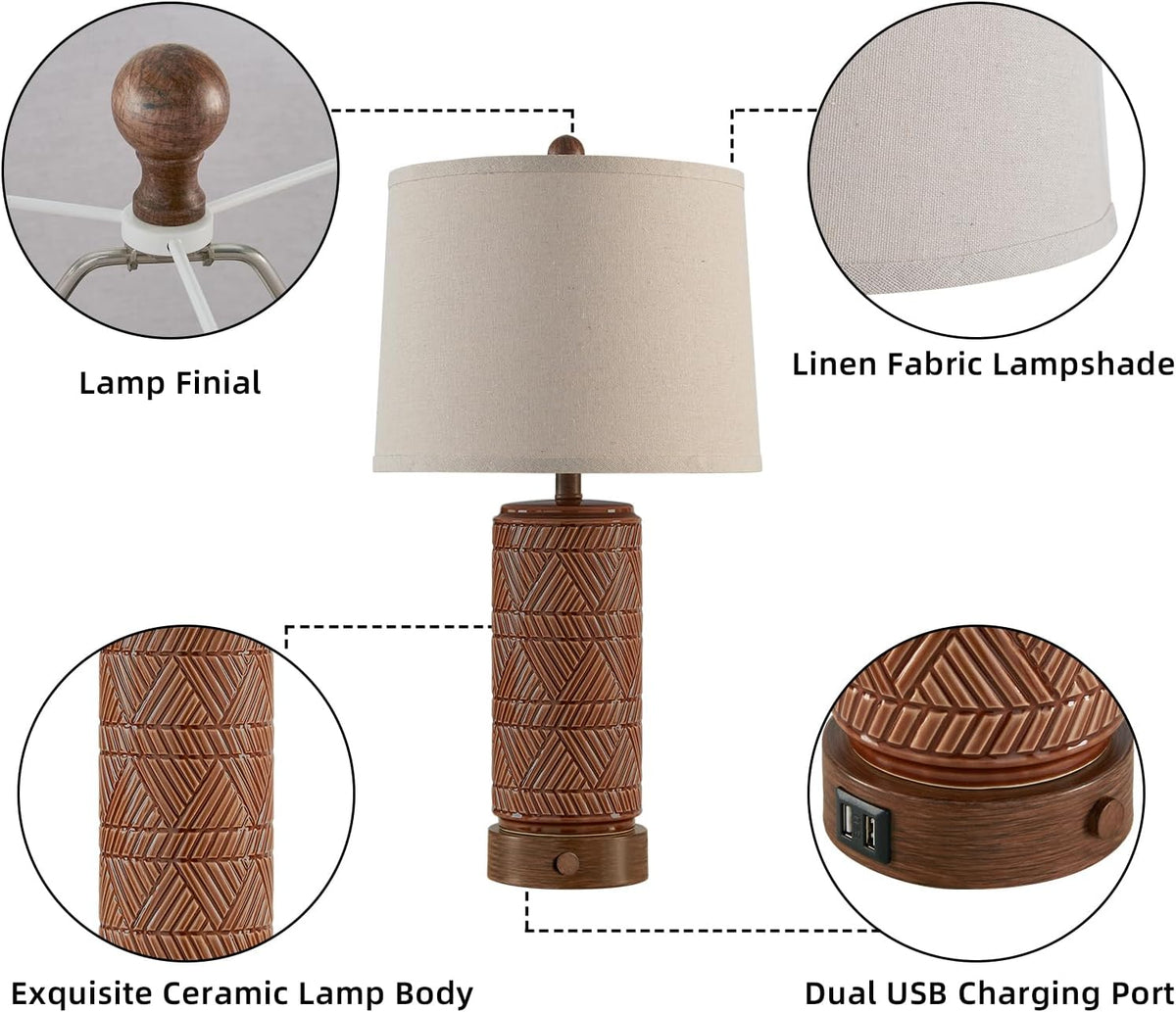 RORIA Set of 2 Vintage Touch Table Lamps for Living Room, 3 Way Dimmable Nightstand Lamp with 2 USB