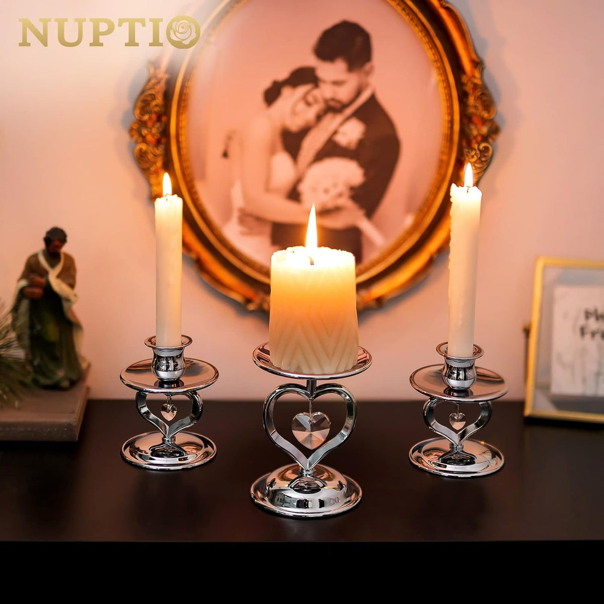 Nuptio Unity Candle Holder Silver Candlestick Holder for Pillar Taper Candles Metal Pillar Candle