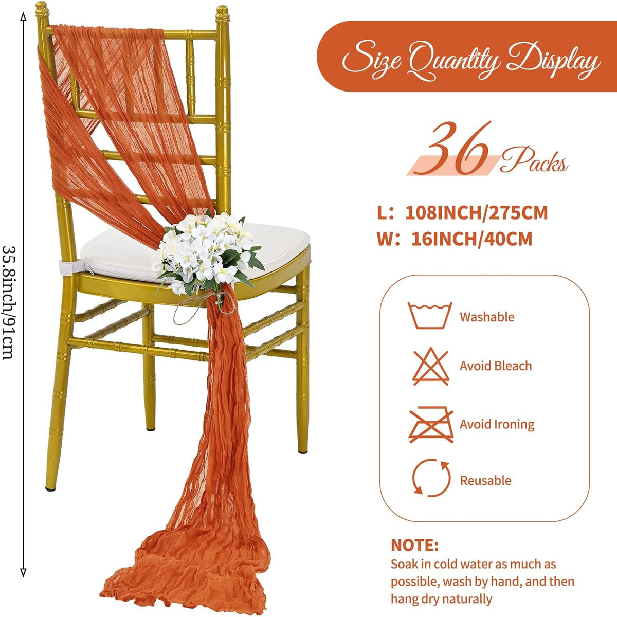 36 Pcs Burnt Orange Cheesecloth Chair Sashes, 16 x 108 inch Gauze Fabric Washable Chair Sashes Bows