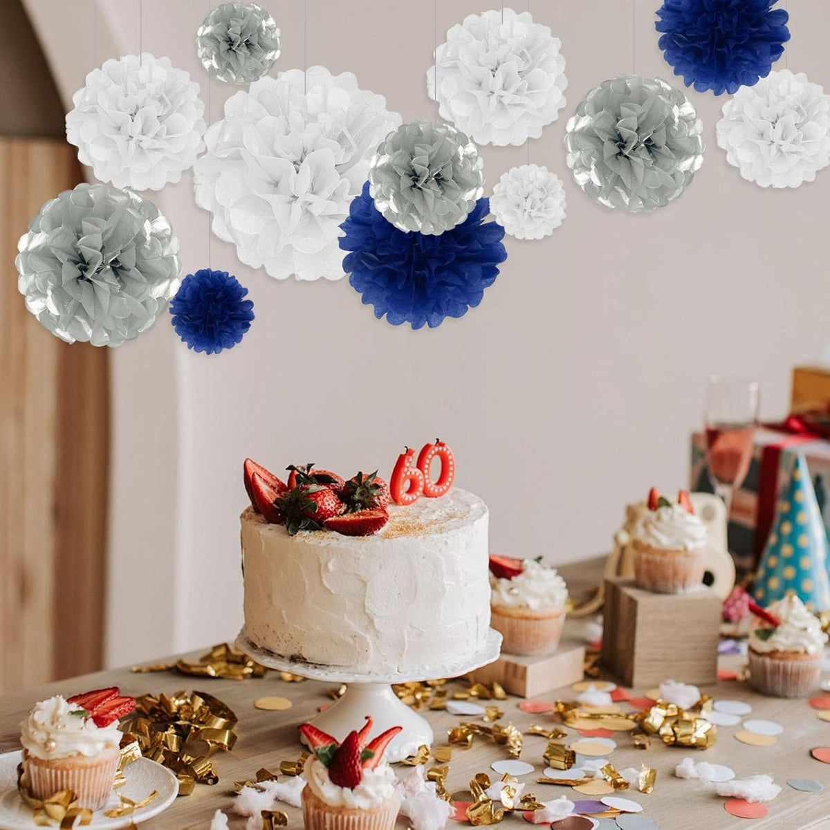 Tissue Paper Pom Poms, Silver Blue White Tissue Paper Flowers, Hanging Flower Balls for Weddings