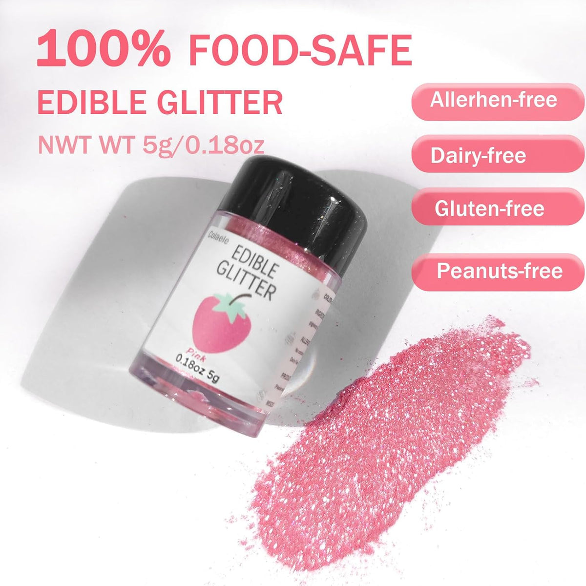Pink Edible Glimmer Powder Glitter - Colaele 5 grams Food-Grade Luster Dust Metallic Fancy Food