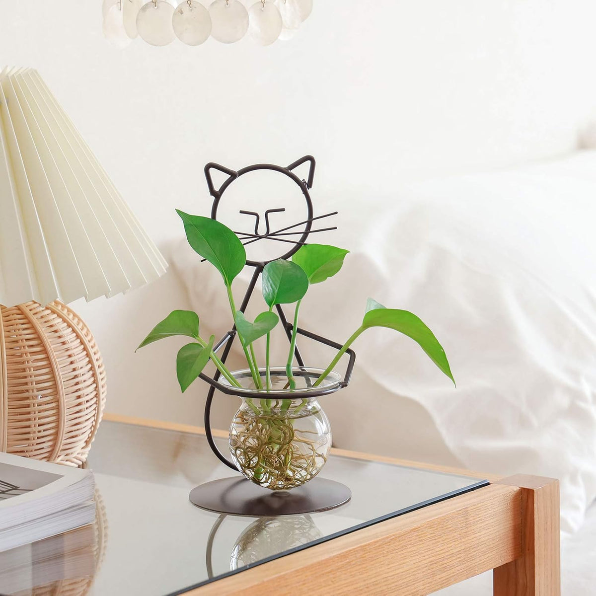 Marbrasse Desktop Glass Planter Vase Holder, Modern Creative Cat Plant Terrarium Metal Stand for