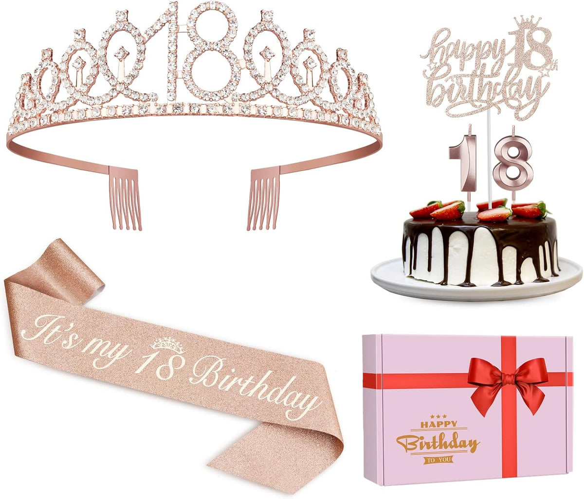 18th Birthday Decorations for Girls, Including Sash, Crown/Tiara, Candles, Cake Topper, 18th