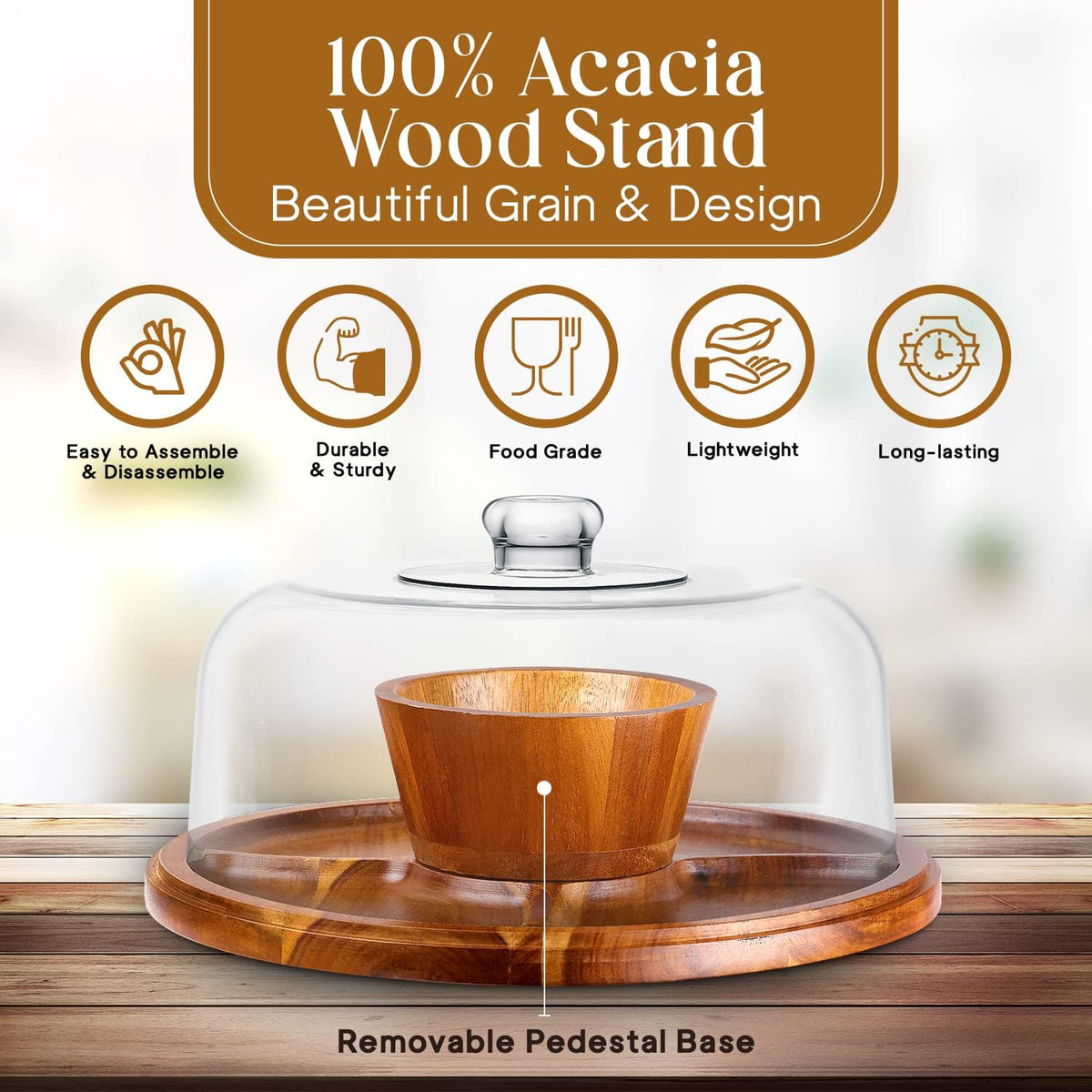 Homeries Acacia Wood Cake Stand with Lid, Cake Plate, (6 in 1) Multi-Functional Serving Platter