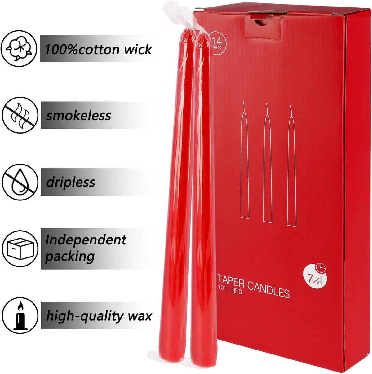 24 Pack Red Taper Candles, 7-8 Hours Burn Time, Unscented, Smokeless and Dripless, 0.75 x 10 Inch