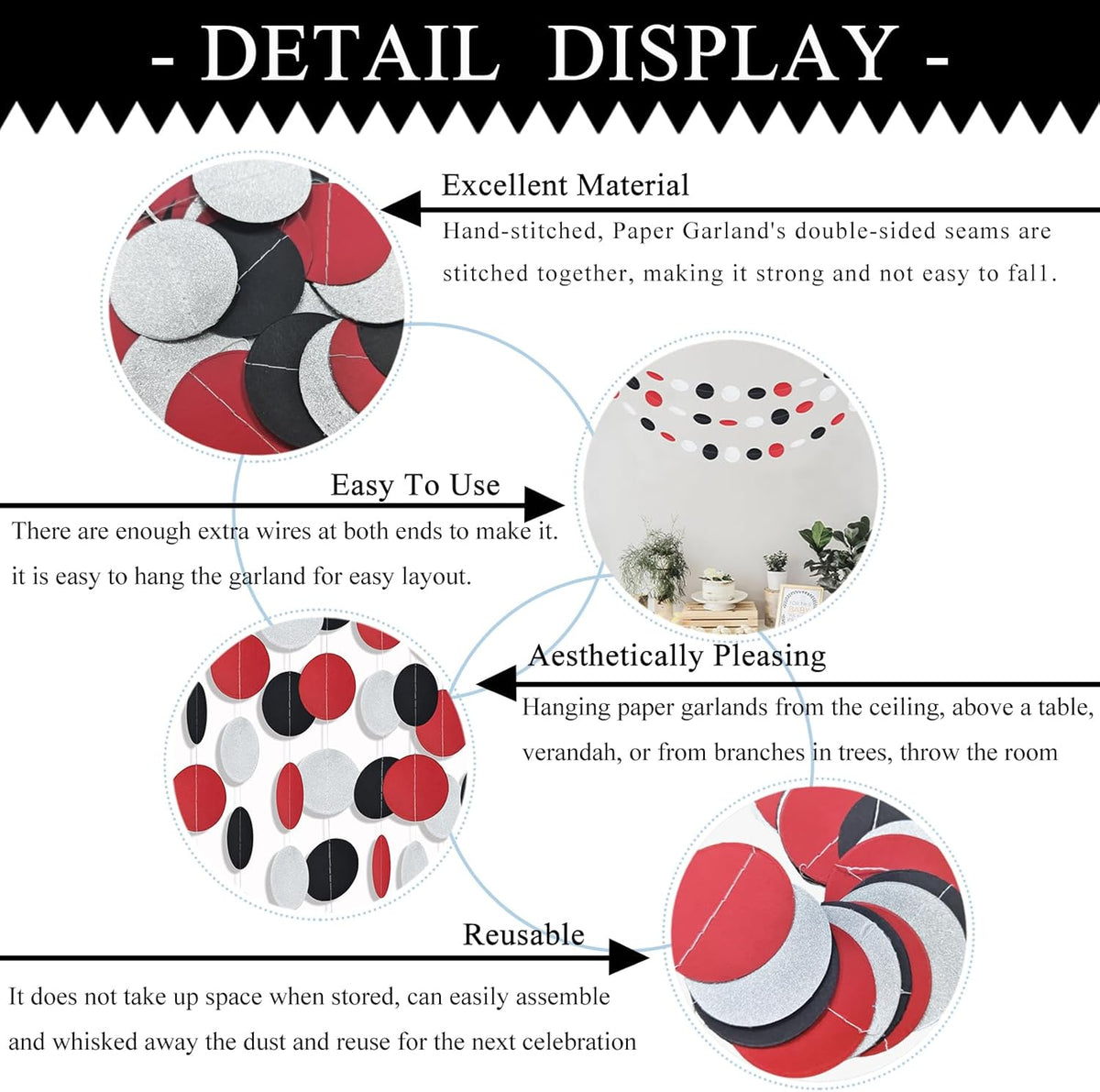 MerryNine Paper Garland 5 Pack, 50ft Glitter Paper Garland Circle Dots Hanging Decor, Banner for