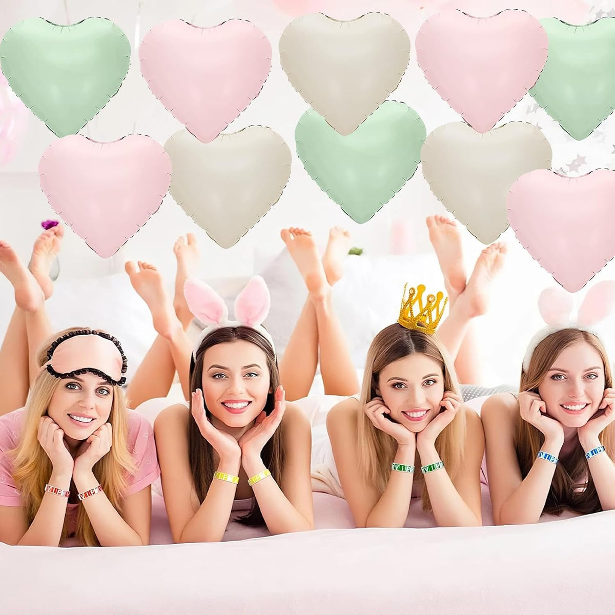 Pink Green White Heart Balloons,12Pcs 18Inch Cream White Baby Pink Sage Green Heart Shaped Foil