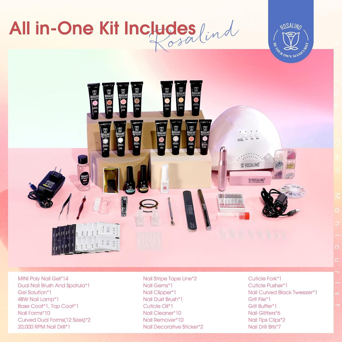 Poly Nail Gel Starter Kit -14 Colors + 75 Nails Art Accessories Kits, ROSALIND Nue Clear Poly