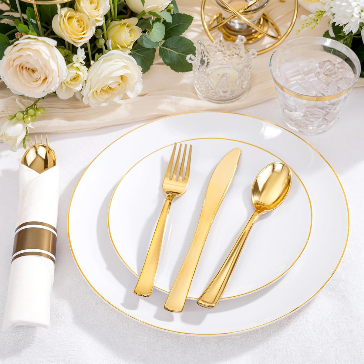 KIRE 175PCS Gold Plates Disposable - Heavy Duty White and Gold Plastic Plates Dinnerware Sets - 25