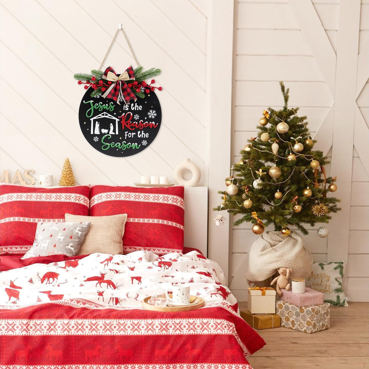 CHDITB Jesus is The Reason for The Season Front Door Sign Wreath(11.4"), Red Green Christmas