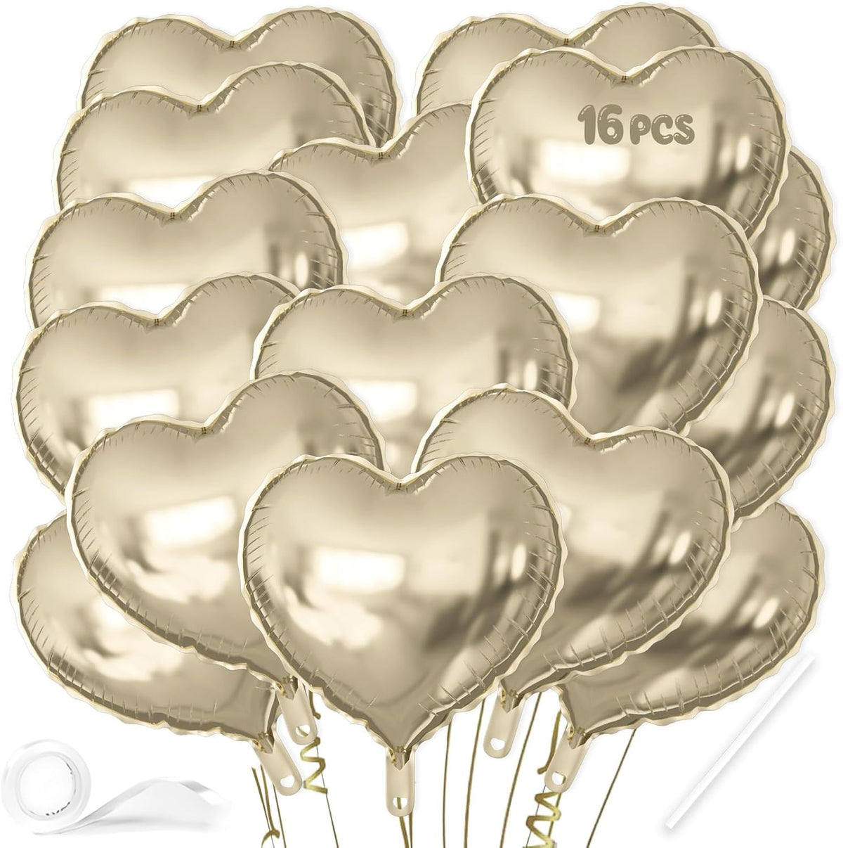 16 Pcs Heart Balloons, 18 Inch Champagne Gold Love Heart Shaped Foil Balloons for Wedding