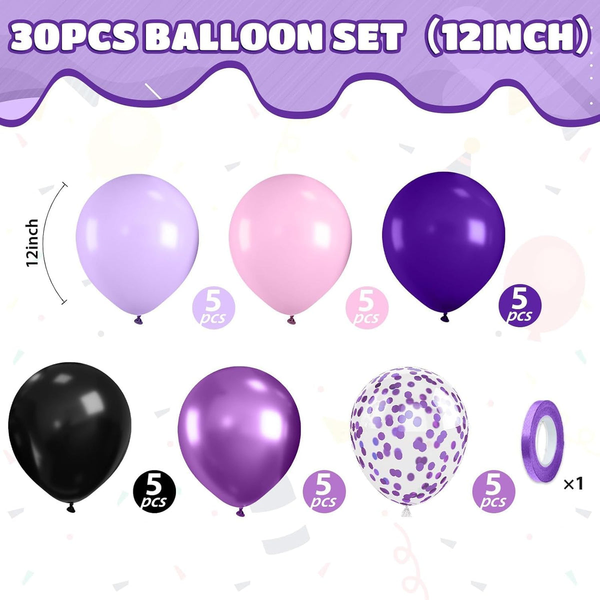 Purple Pink Black Balloons, 12 Inch Pink Black Macaron Dark Metallic Purple Confetti Balloons for