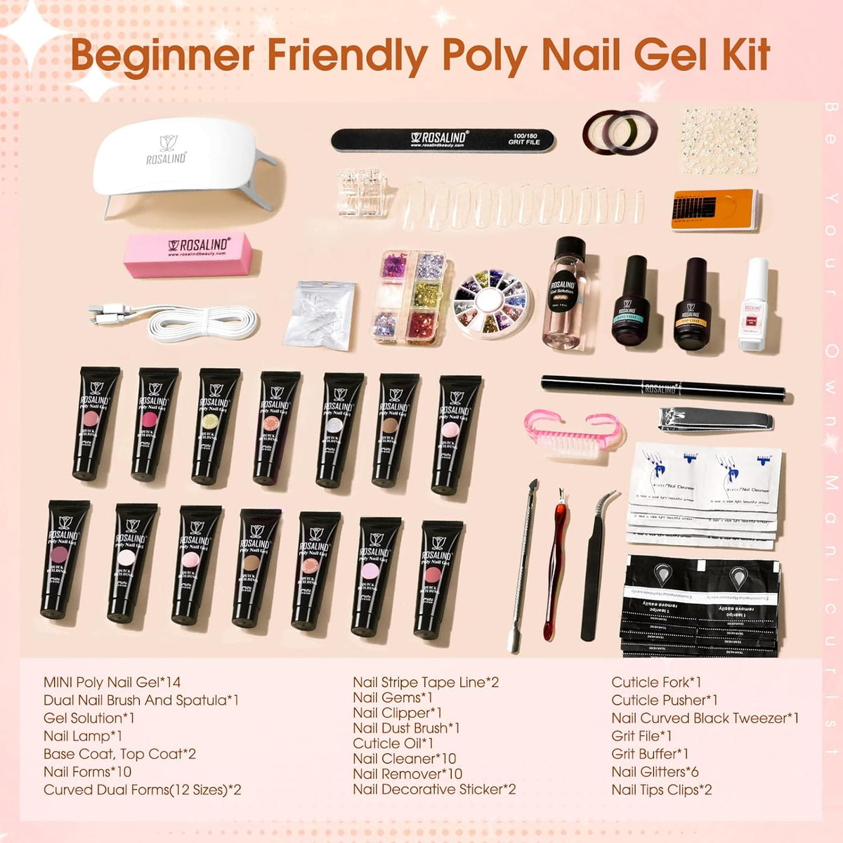ROSALIND Poly Nail Gel Kit -14 Colors +72 Nail Art Accessories kit Clear Nude Poly Nails Gel Kit