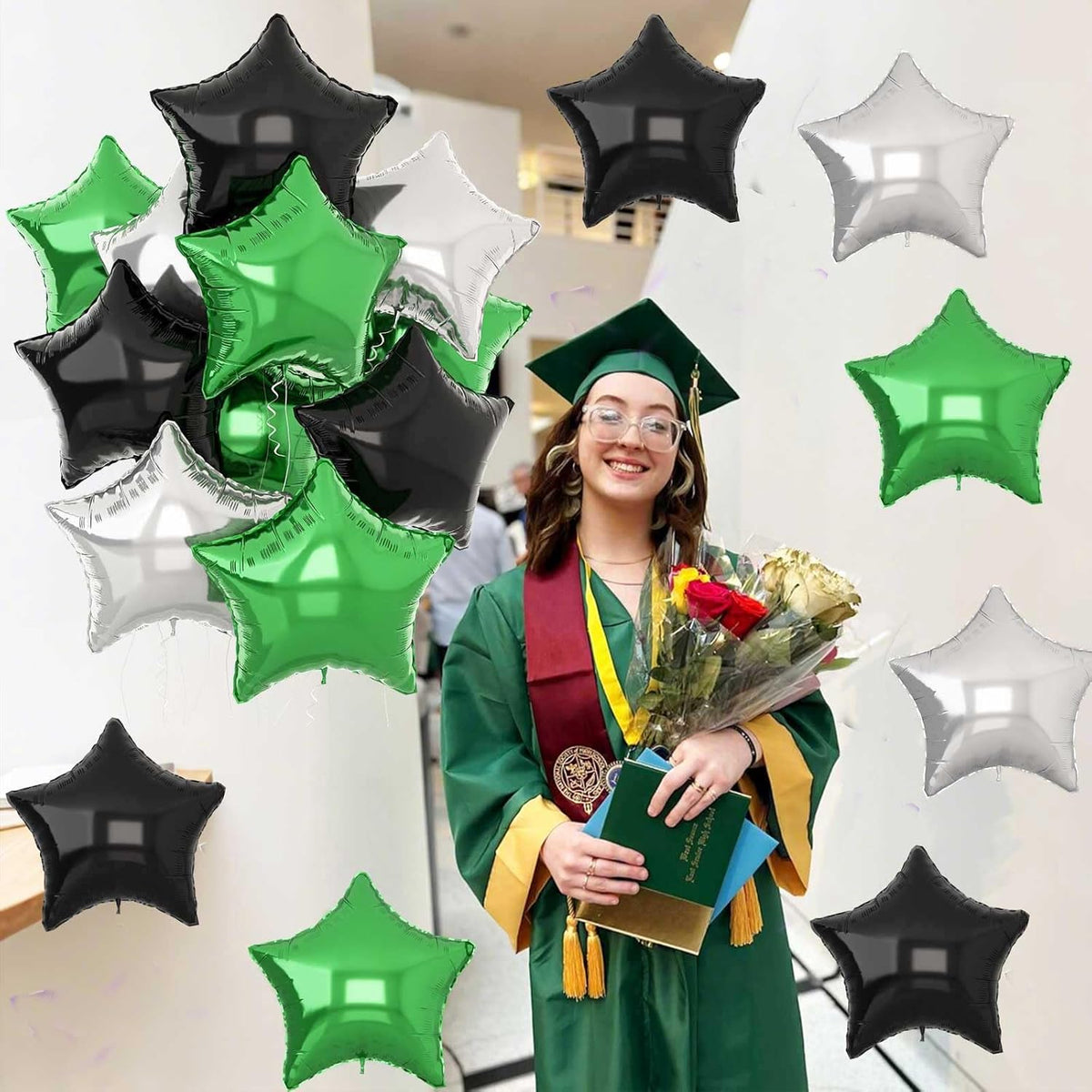 Green Black Star Balloons, 18Inch Balck Olive and Silver Stars Shape Foil Balloons Helium, 12Pcs
