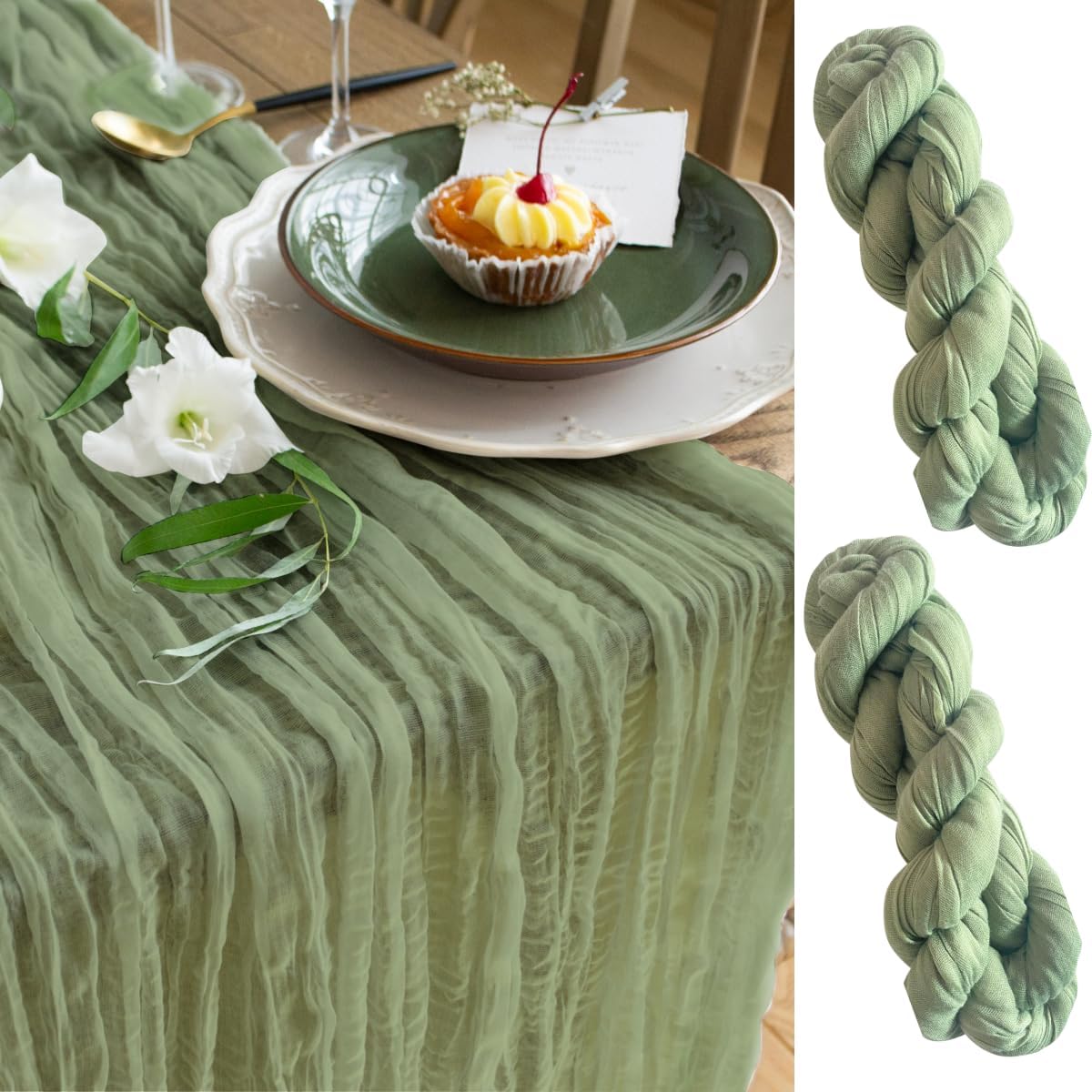 Gauze Table Runner Bulk sage Green Set of 2 Items, 12 ft Cheesecloth Runner for Table Rustic Table