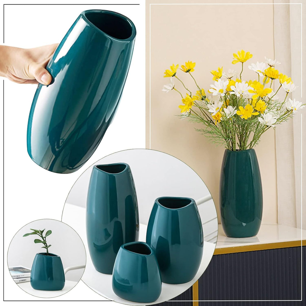 hjn Ceramic Vase Set of 3 Teal Flower Vase for Home Decor, Modern Decorative Vase for Flowers Vases