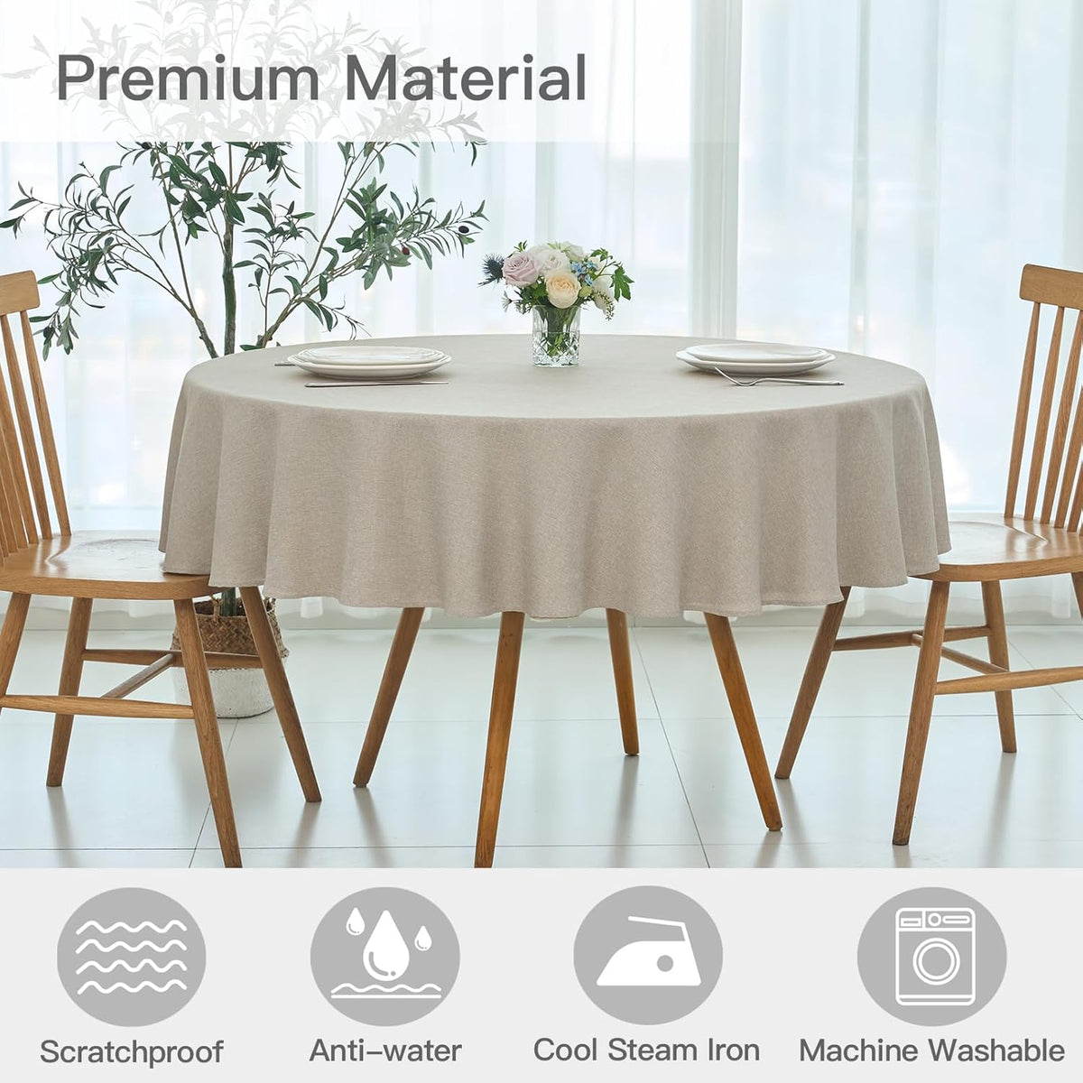 maxmill Round Linen Textured Tablecloth Spill-Proof Stainproof Wrinkle Free Washable Fabric Table