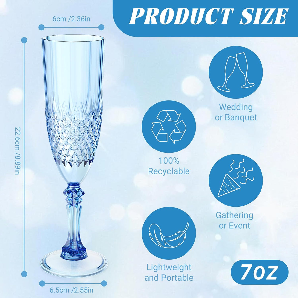 Plastic Champagne Flutes, 100PCS Blue Champagne Glasses Shatterproof Reusable Flute for Weddings